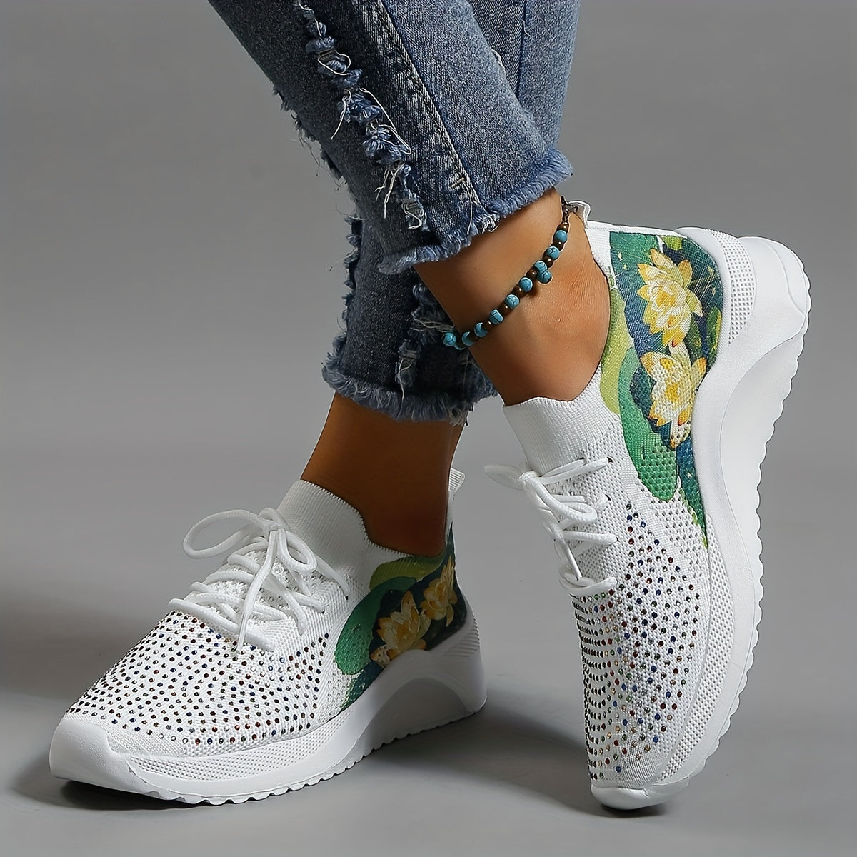 Lotus Printed Sneakers with Rhinestone Decor Low Top Sports Shoes