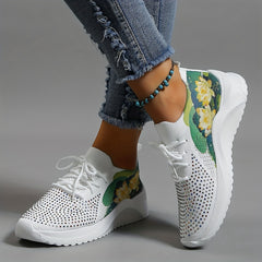 Lotus Printed Sneakers with Rhinestone Decor Low Top Sports Shoes