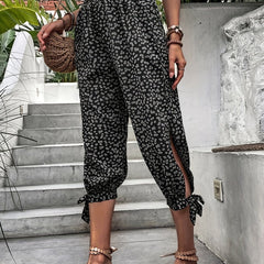 Floral Print Split Capris Pants Casual Knot Elastic Pants For Spring & Summer
