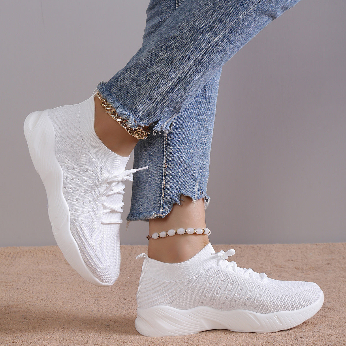 Women's Platform Knit Sneakers Lace Up Running Shoes Lightweight Sports Shoes