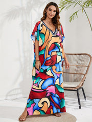 Abstract Face Print Cover Up Batwing Sleeve V Neck Beach Dress