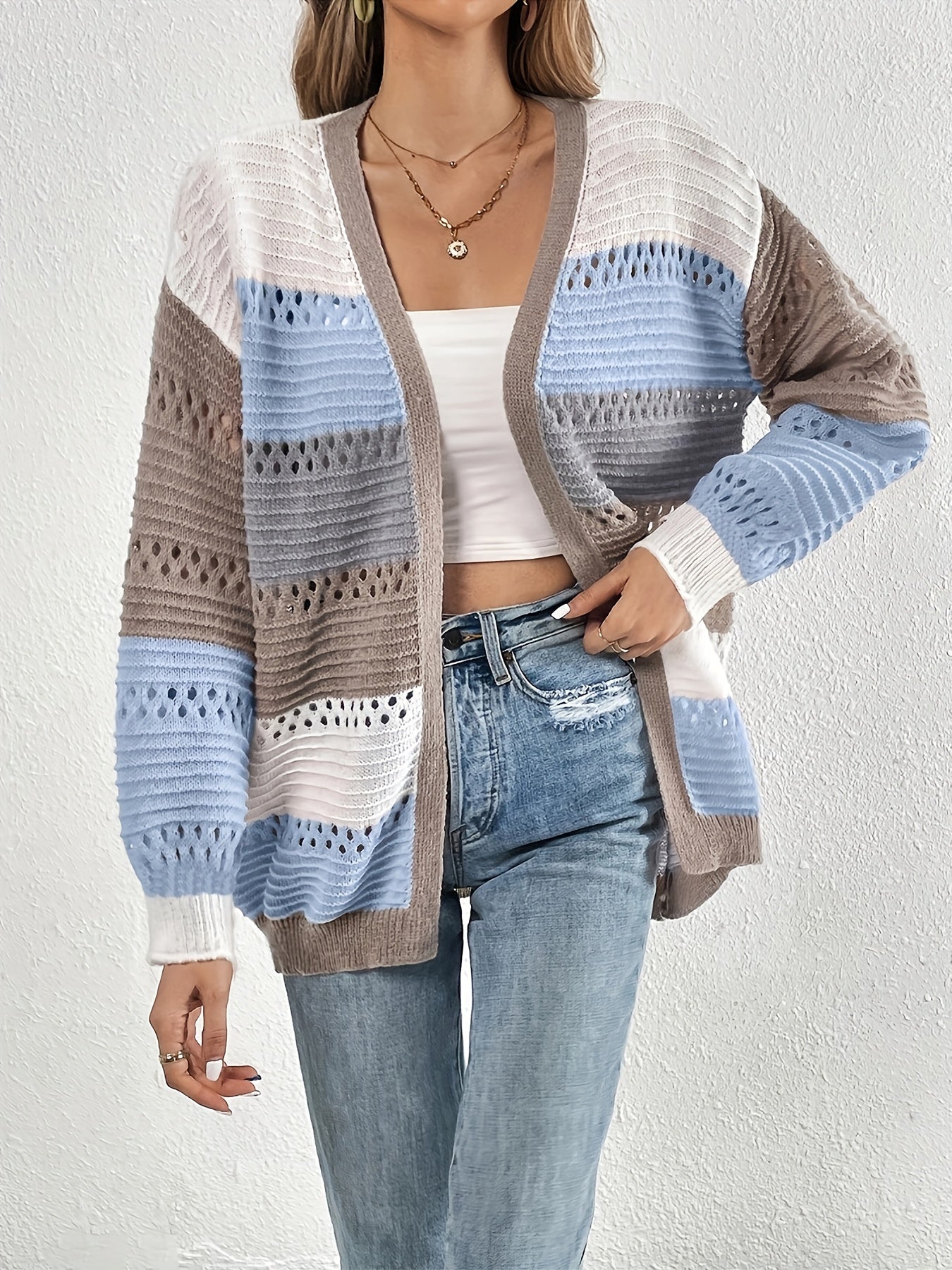 Cut Out Block Knit Cardigan Long Sleeve Sweater