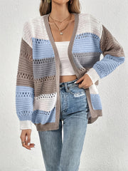 Cut Out Block Knit Cardigan Long Sleeve Sweater