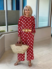 Polka Dot Print Two piece Set Long Sleeve Tops & Wide Leg Pants