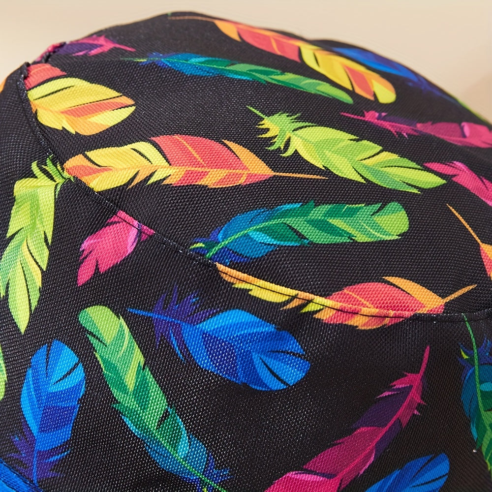 Unisex Sunshade Bucket Hat w/ Colorful Feather Double sided Sun Hat