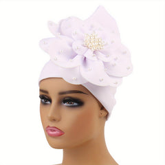 French Turban Cap Faux Pearl Decor Plate Flower Head Wrap