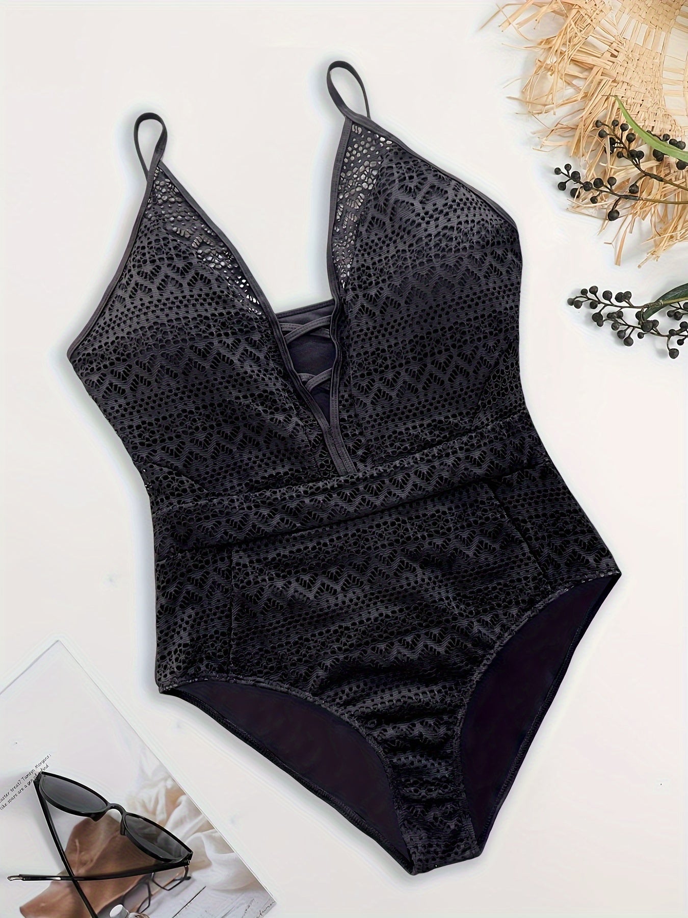 Lace Deep V Neck One Piece Swimsuit
