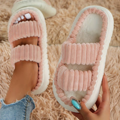 Double Strap Platform Slippers Plush Home Shoes