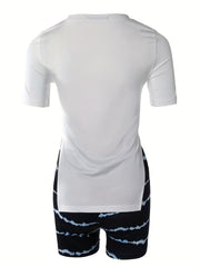 Tie Dye Striped Two piece Set Short Sleeve Split T shirt & High Waist Shorts