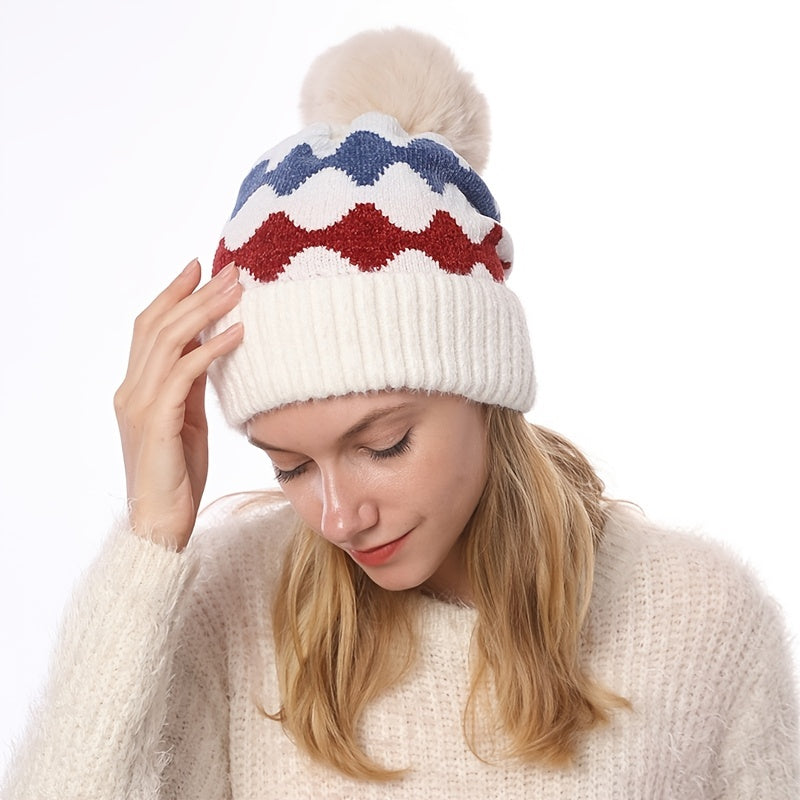 Wave Pom Beanie Women's Winter Soft Knit Beanie Hat With Pom Pom
