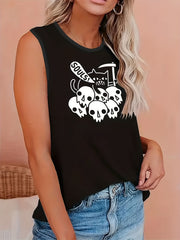 Halloween Tank Top Skull & Letter Print Round Neck Stretch Halloween