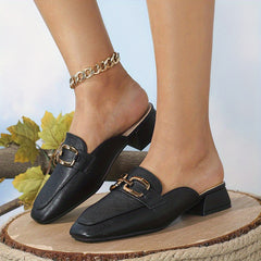 Chunky Heeled Mules Square Toe Slip On Shoes