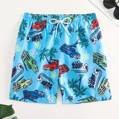 Quick Dry Drawstring Swim Trunks Men's Cars & Coconut Tree Beach Pants