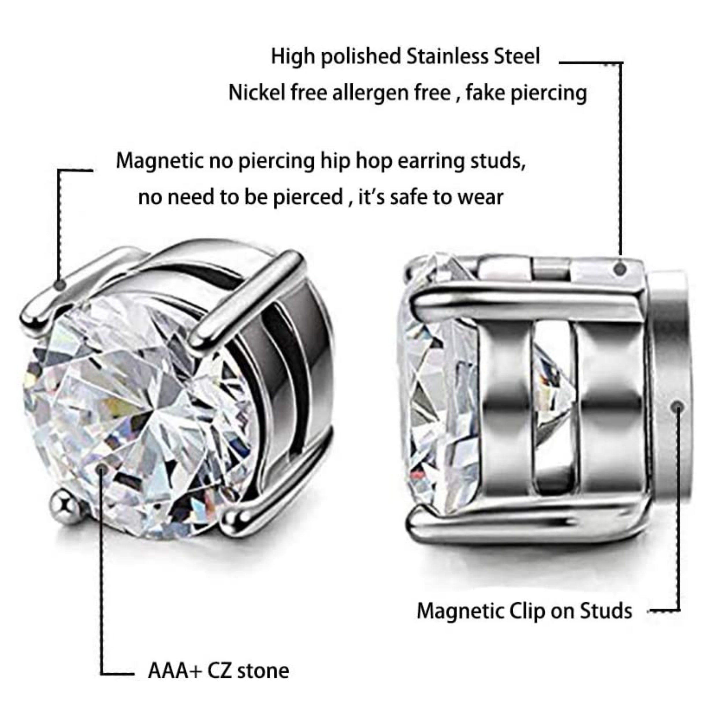 Stainless Steel Magnetic Stud Earrings CZ Magnet 6 8MM Christmas