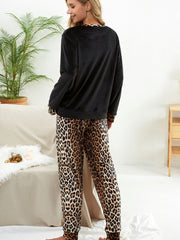 Heart Leopard Pajama Set Long Sleeve Crew Neck Top & Elastic Waistband Pants