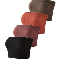 4pcs Ribbed Strapless Bandeau Bras No Padding Everyday Bra Women's Lingerie