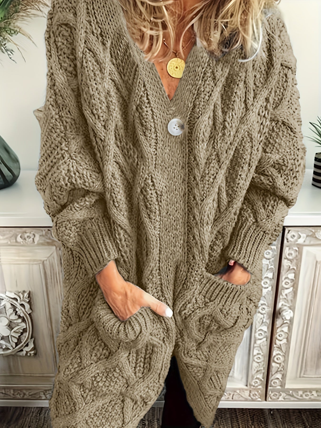 Solid Long Sleeve Stretch Cardigan with Pockets
