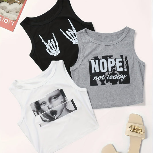 3 Pack Plus Size Casual Tank Top Women's Plus Graphic & Slogan Print Round Neck