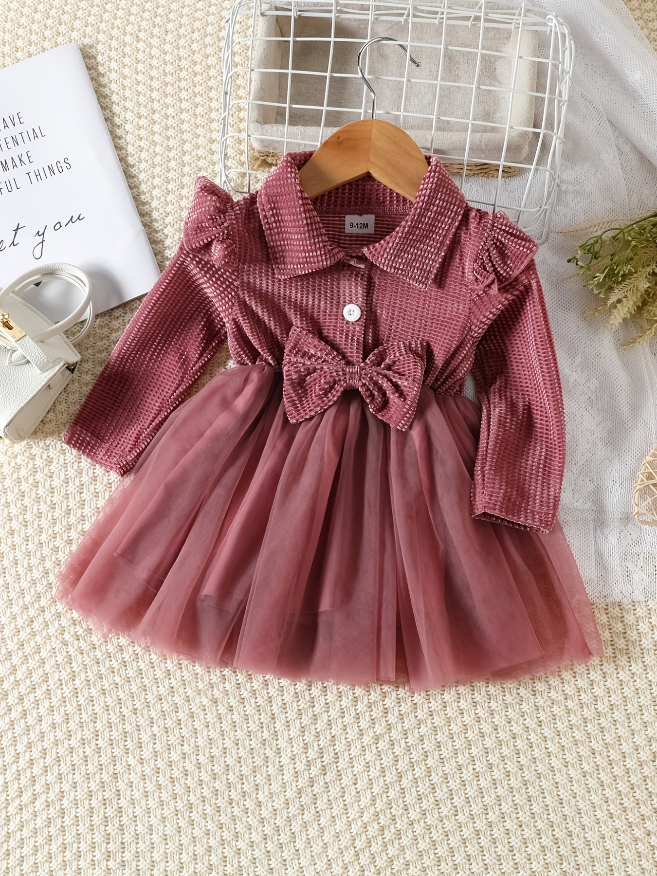 Baby Girls Long Sleeve Button Dress Bow Casual Mesh Dress