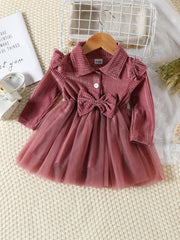 Baby Girls Long Sleeve Button Dress Bow Casual Mesh Dress