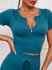 Ribbed Running Short Sleeve with Zipper Skinny Yoga Top