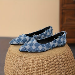 Women's Plaid Pattern Denim Flat Shoes Casual Point Toe Tassel Detail Shoes