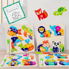 Wooden Animal Puzzle Toy with Reusable Drawing Board Educational Play