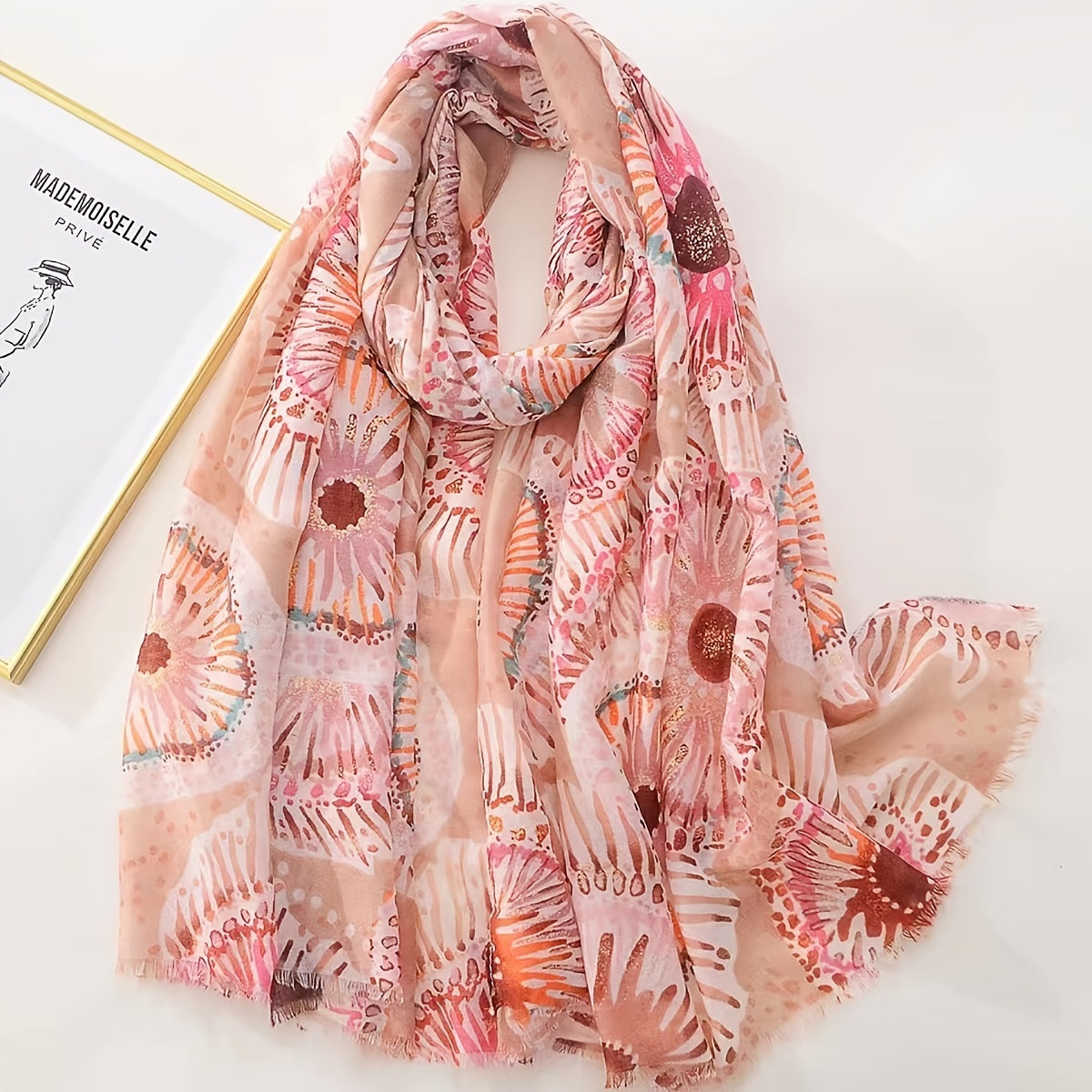 Pink Flower Print Shinny Scarf Breathable Head Wrap