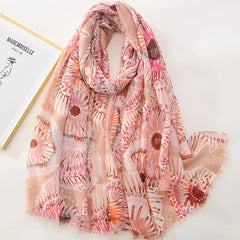 Pink Flower Print Shinny Scarf Breathable Head Wrap