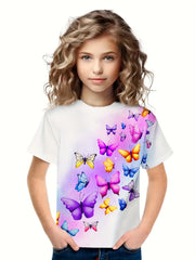 Dreamy 3D Butterfly Graphic Short Sleeve T-shirt for Girls