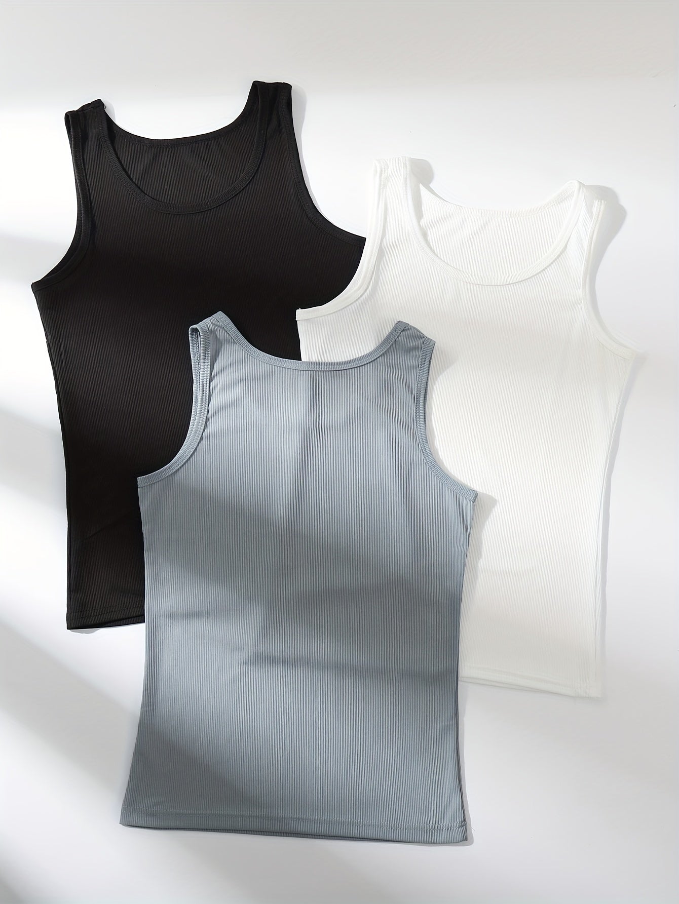 3pcs Solid Ribbed Tank Tops Crew Neck Sleeveless Top Women's Lingerie