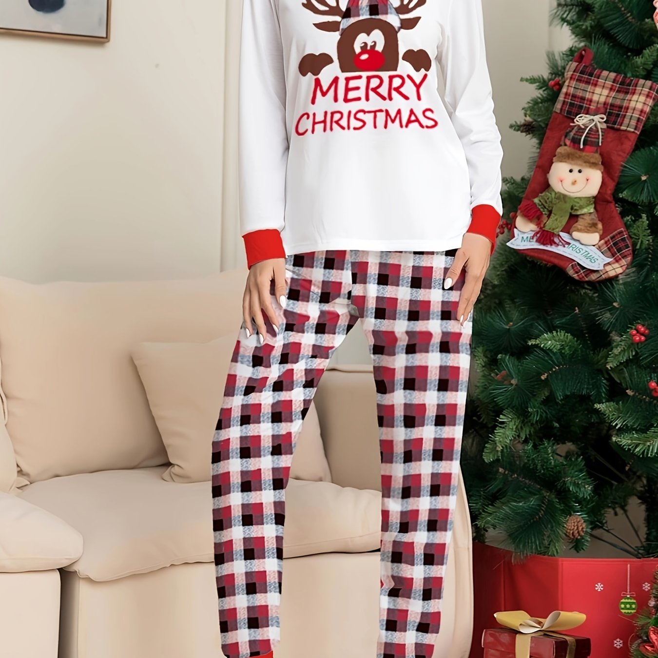 Christmas Pajamas Set Women's Elk Print Tee & Plaid Pants