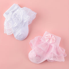 2 Pairs Girls Lace Knit Cotton Socks Bow Decor