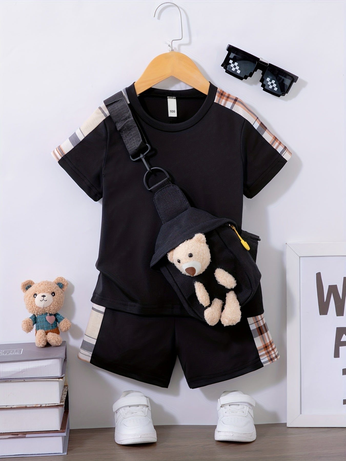 Boys Plaid Print T-shirt Top & Shorts & Bear Bag 3pcs Set