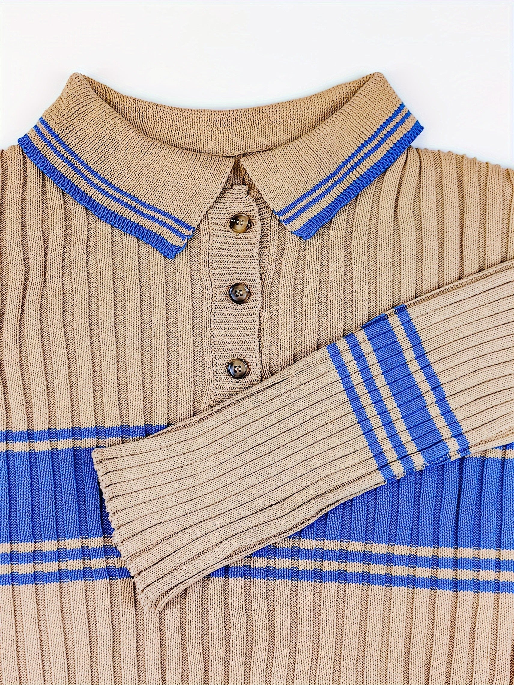 Preppy Sweater Women's Plus Striped Pattern Long Sleeve Polo Neck