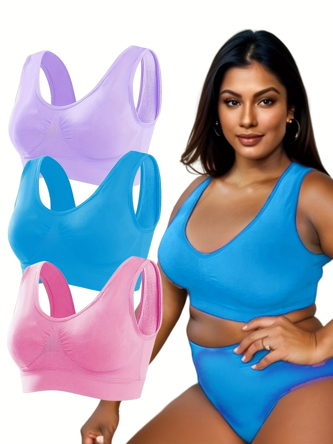 3 Pack Plus Size Sports Bra Set Women's Plus Ruched Medium Stretch Bra 3pcs Set