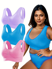 3 Pack Plus Size Sports Bra Set Women's Plus Ruched Medium Stretch Bra 3pcs Set