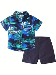 2pcs Boys Flamingo Graphic Print Shirt&Shorts Set