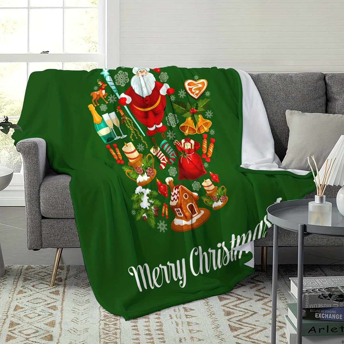Green Santa Claus Print Bed Blanket Soft Sofa Blanket