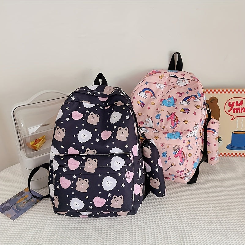 Cartoon Unicorn Bear Flower Backpack with Pen Bag for Kids