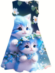 Girls Cat Graphic Sleeveless Dress for Summer