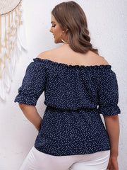 Dot Print Ruffle Trim Off Shoulder Peplum Top