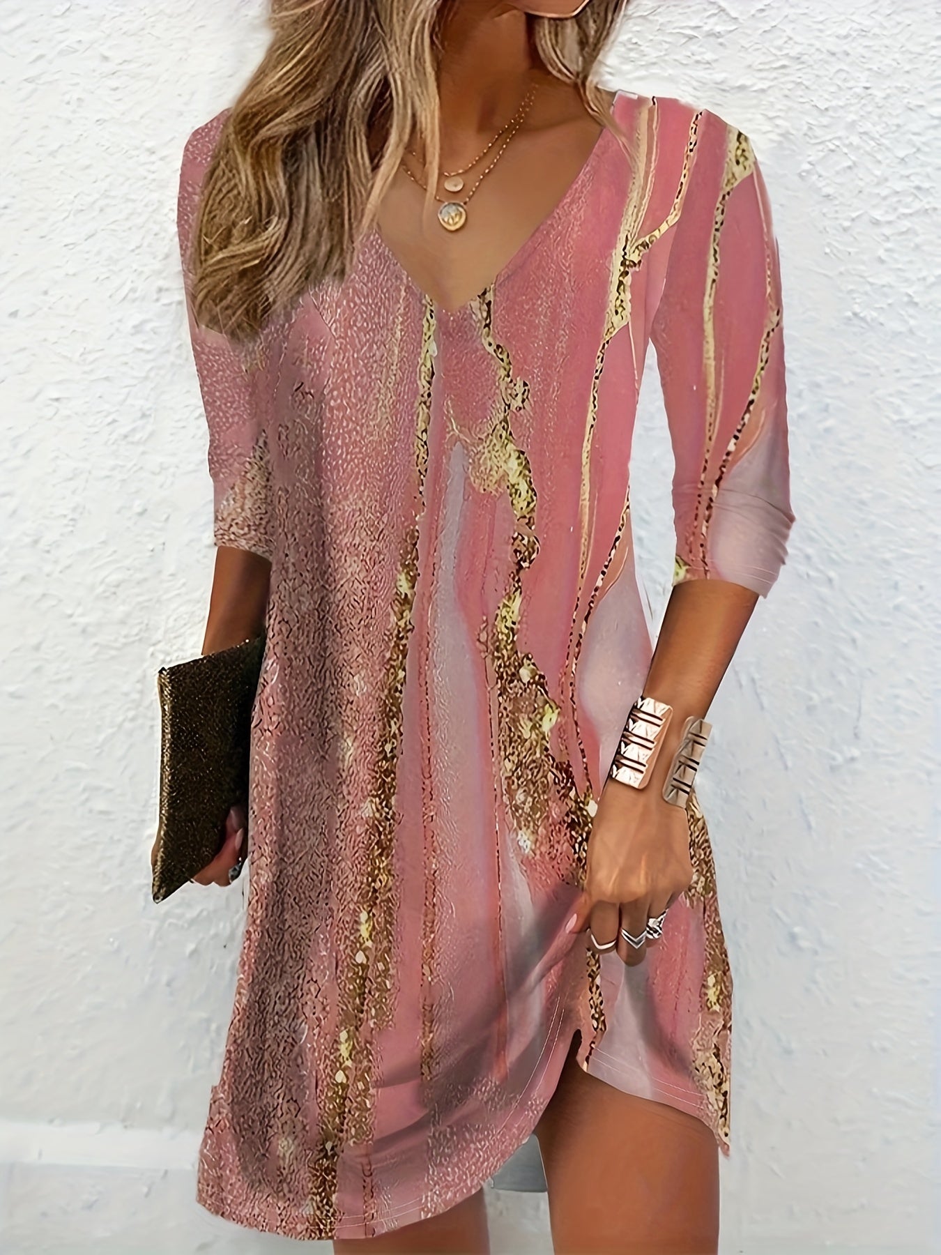 Marble Print Long Sleeve V Neck Stretch Mini Dress