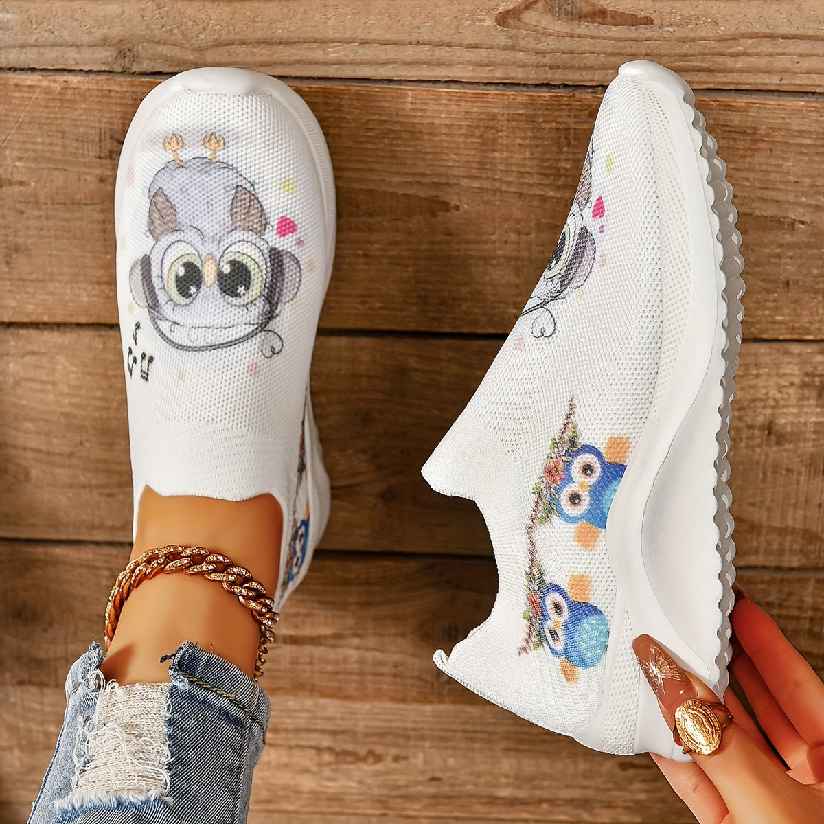 Cartoon Eagle Graphic Mesh Slip-on Shoes for Women