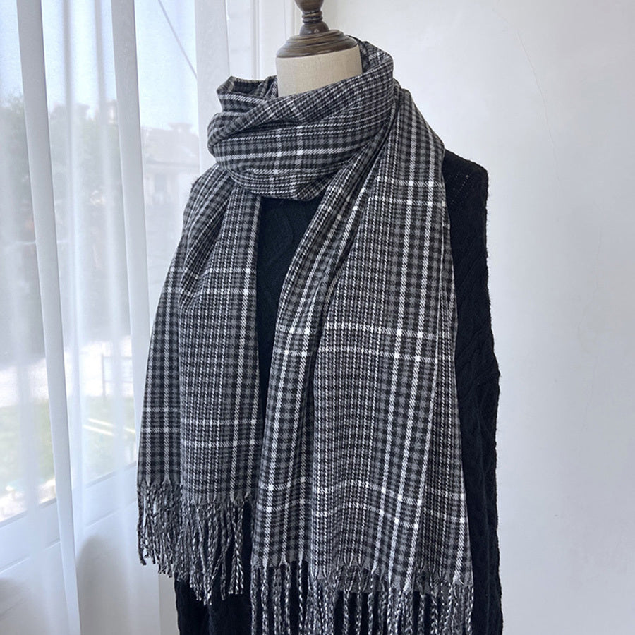 Plaid Scarf Winter Warm Cashmere-Like Women Long Scarves Lady Tassel Shawl
