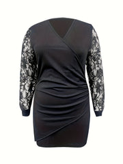 Lace Sleeve Surplice Neck Wrap Dress
