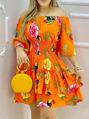 Floral Print Off Shoulder Dress Vacation Layered Dress