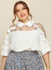Contrast Mesh Ruffle Trim Blouse Plus 3/4 Sleeve