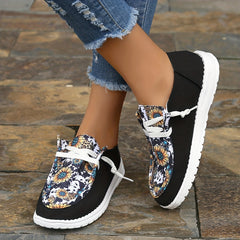 Women's Sunflower Printed Flat Loafers Casual Lace Up Canvas Shoes