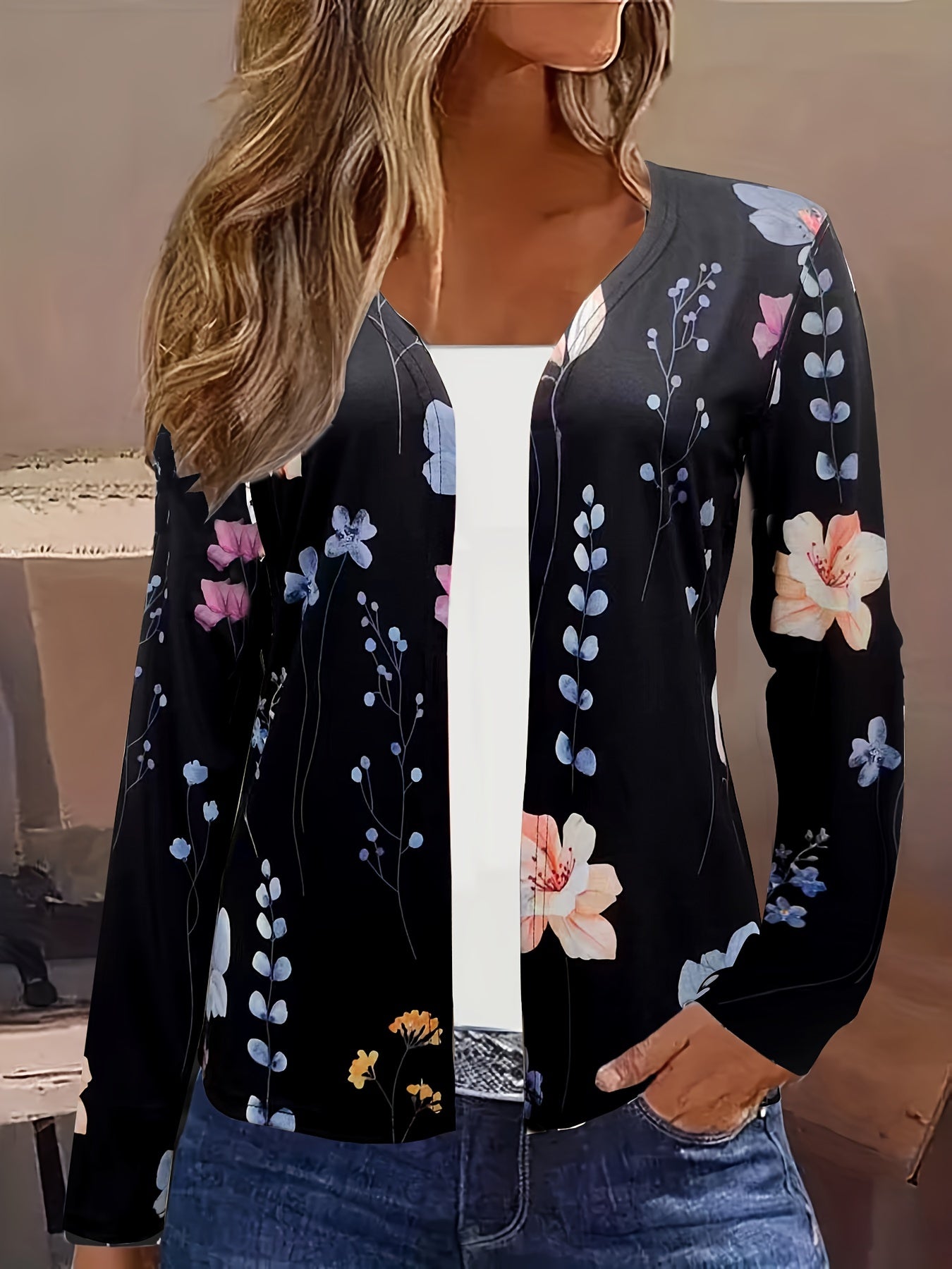 Floral Print Open Front Cardigan Long Sleeve - Women's Clothing